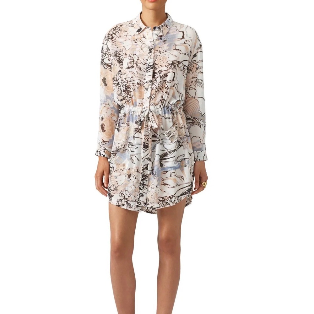 Elliatt Abstract Floral Print Long Sleeve Drawstring Shirt Dress Small Multi
